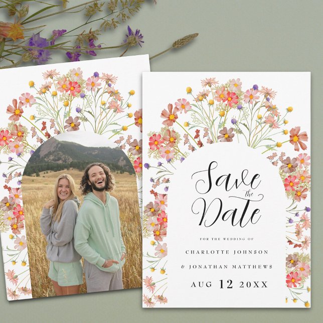 Reserva La Fecha Arco de Fotos Floral Boho para Boda (Boho rustic Wildflower floral arch photo Wedding save the date invitation Elegant script)