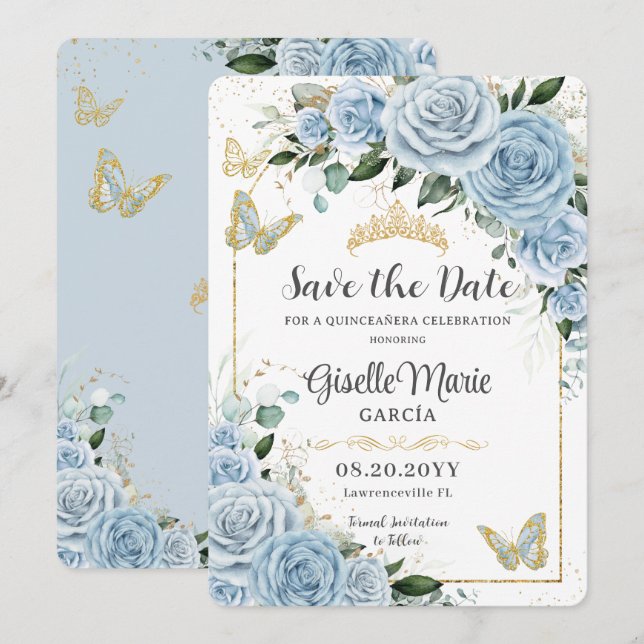 Reserva La Fecha Arco de mariposas Baby Blue Floral Gold Quinceañer (Anverso / Reverso)
