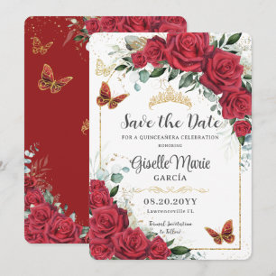 Reserva La Fecha Arco de mariposas Red Roses Floral Gold Quinceañer