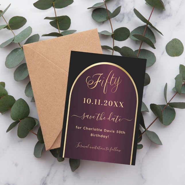 Reserva La Fecha Arco de oro burdeos negro 50 cumpleaños (Subido por el creador)