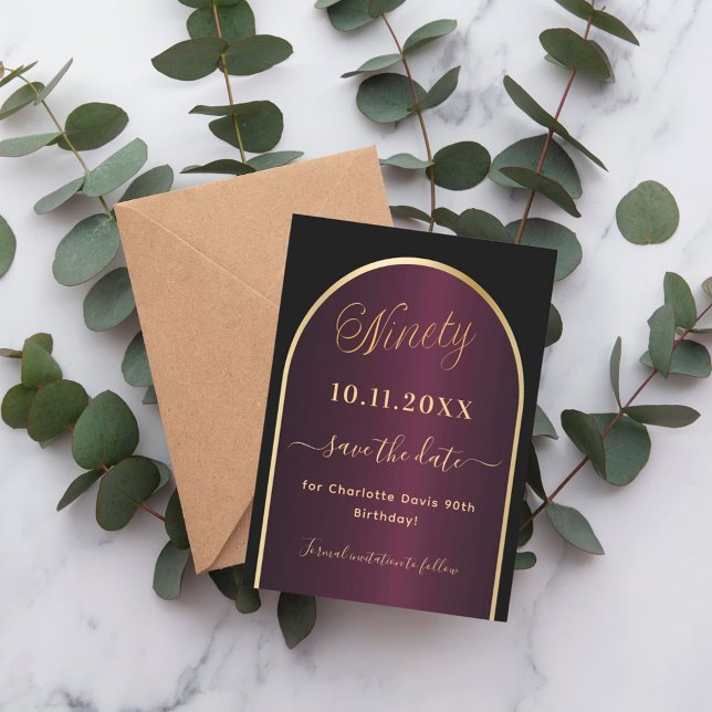 Reserva La Fecha Arco de oro burdeos negro 90 cumpleaños (Subido por el creador)