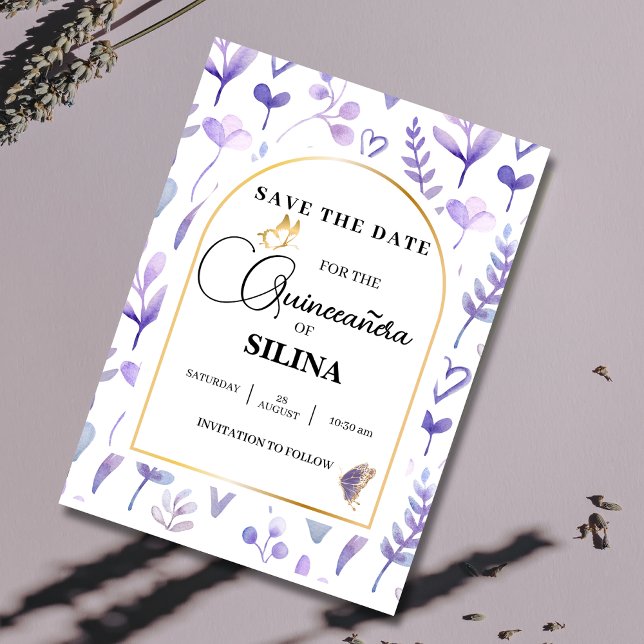 Reserva La Fecha Arco de oro de Lavanda Púrpura Quinceañera Maripos (Subido por el creador)