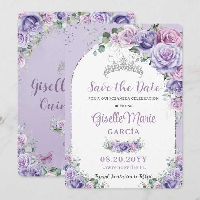 Reserva La Fecha Arco de Plata Quinceañera Floral de Lilac Púrpura  (Anverso / Reverso)