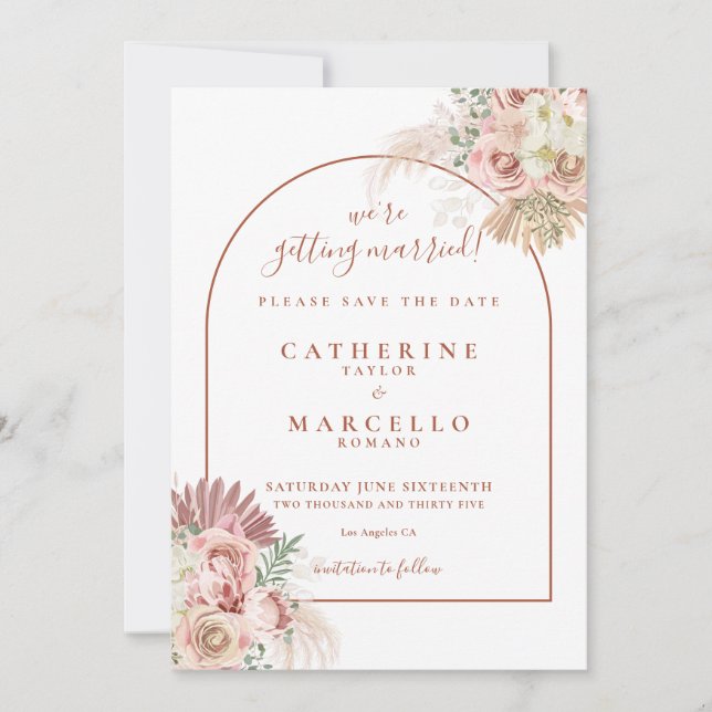 Reserva La Fecha Arco de Terracota con Hierba de Pampas Boda Boho (Anverso)