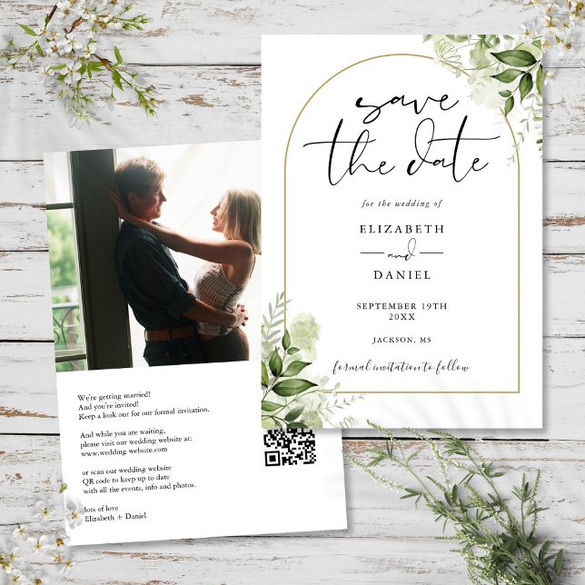 Reserva La Fecha Arco dorado con vegetación rústica código QR foto  (Rustic Greenery Gold Arch Photo QR Code Wedding Save The Date)