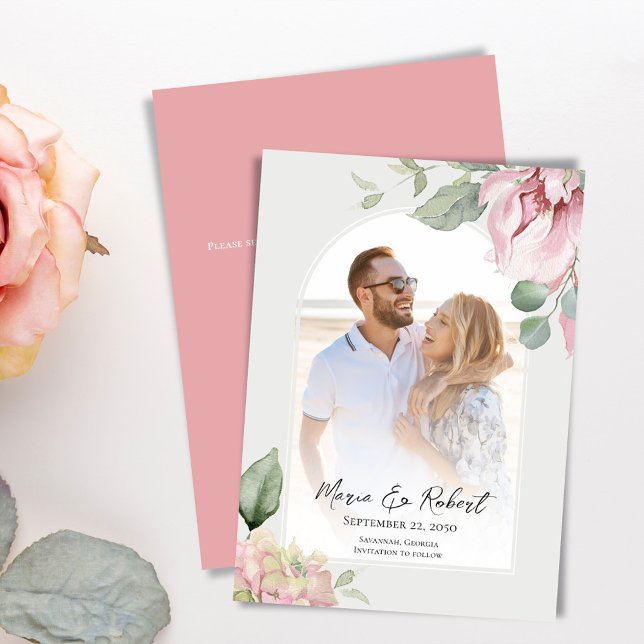 Reserva La Fecha Arco elegante del Boda floral rosa Rubor (With a scannable QR code on the back for your wedding website.)
