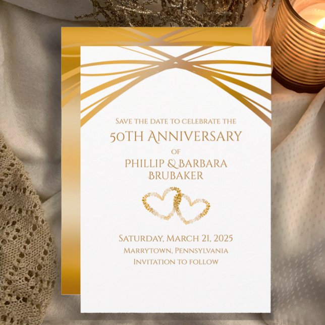 Reserva La Fecha Arco Elegante Dorado Aniversario 50 Save the Date (Custom Unique Elegant Save the Date Card for Golden 50th Wedding Anniversary Party Hearts Invitation)