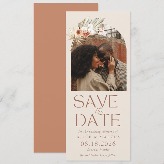 Reserva La Fecha Arco Floral Boho Foto Boda Guardar la Fecha (Anverso / Reverso)