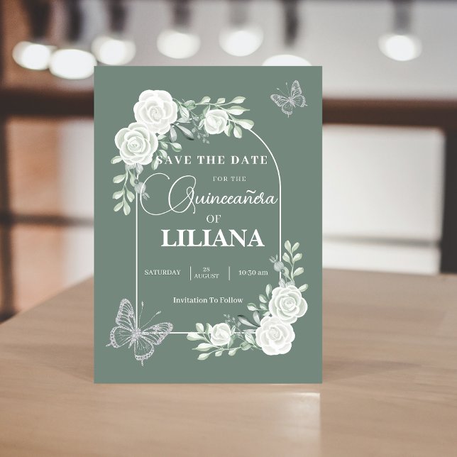 Reserva La Fecha Arco floral verde sabio y mariposas Quinceañera (Subido por el creador)