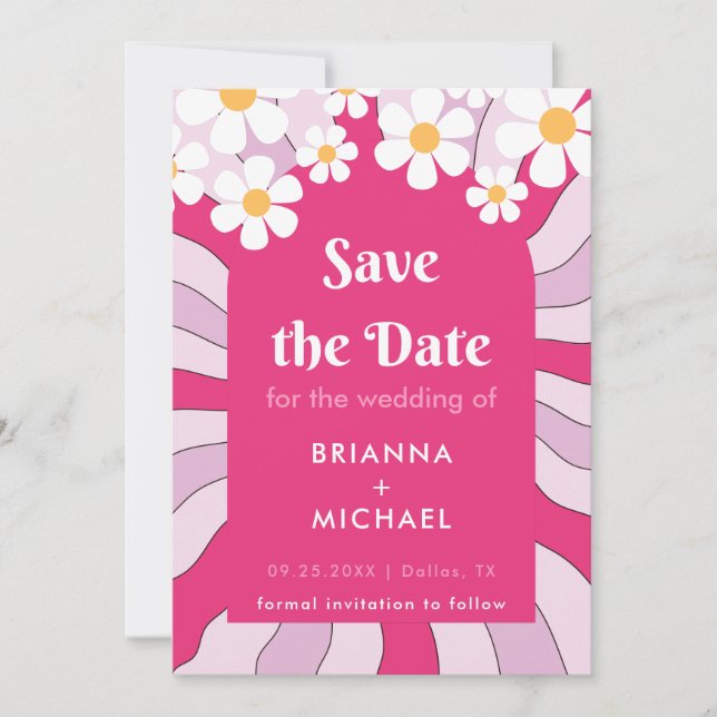 Reserva La Fecha Arco rosa hippie retro Daisy Groovy Setenties 70 (Anverso)