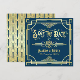Reserva La Fecha Art Deco Boda Elegante Oro Azul Gran Gatsby