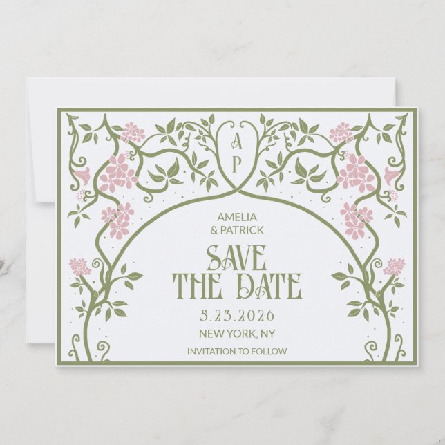 Reserva La Fecha Art Nouveau Boda floral verde y rosa (Anverso)