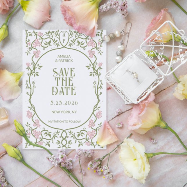 Reserva La Fecha Art Nouveau Boda floral verde y rosa (Subido por el creador)