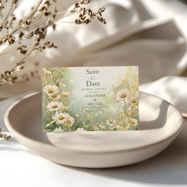 Reserva La Fecha Art Nouveau Daisies Boda marfileño verde salva la  (Subido por el creador)