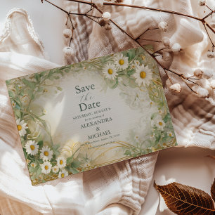 Reserva La Fecha Art Nouveau Daisies Boda marfileño verde salva la 