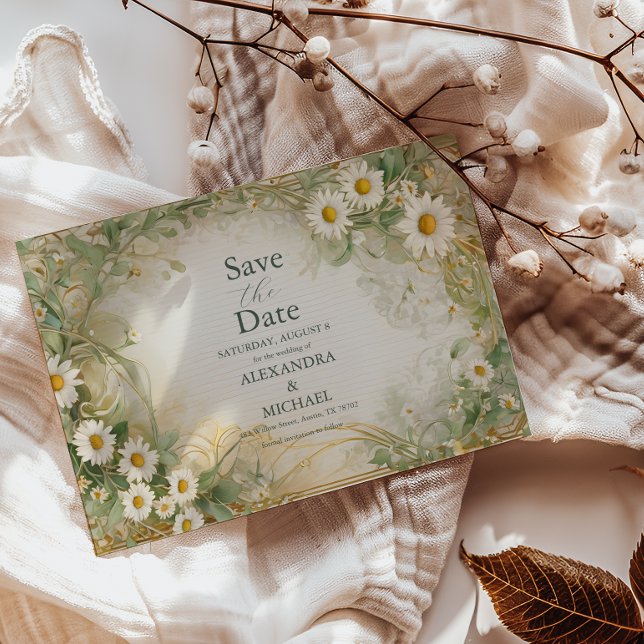 Reserva La Fecha Art Nouveau Daisies Boda marfileño verde salva la  (Subido por el creador)