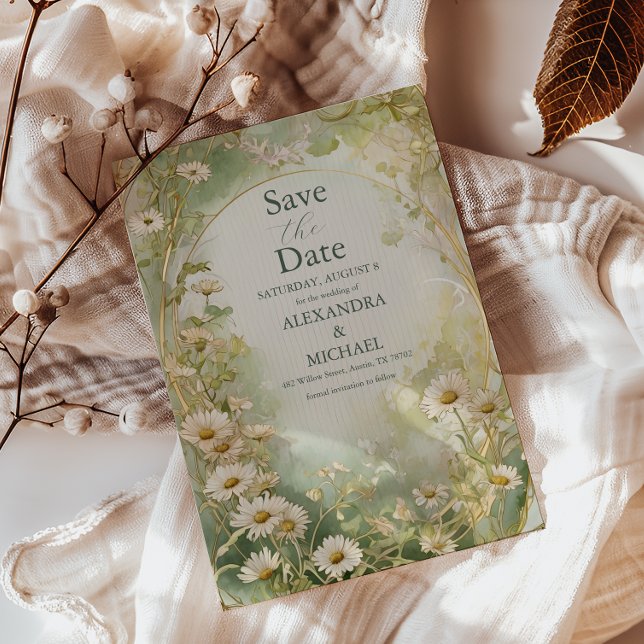 Reserva La Fecha Art Nouveau Daisies Ivory Green Boda (Subido por el creador)