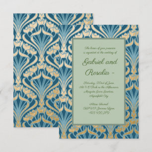 Reserva La Fecha Art Nouveau, oro, verde azulado, damasco, floral,