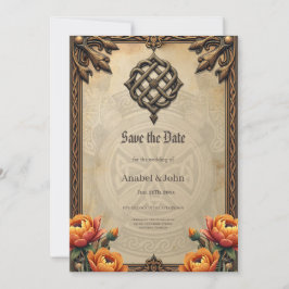 Reserva La Fecha Arte celta y esplendor floral en tonos cálidos.