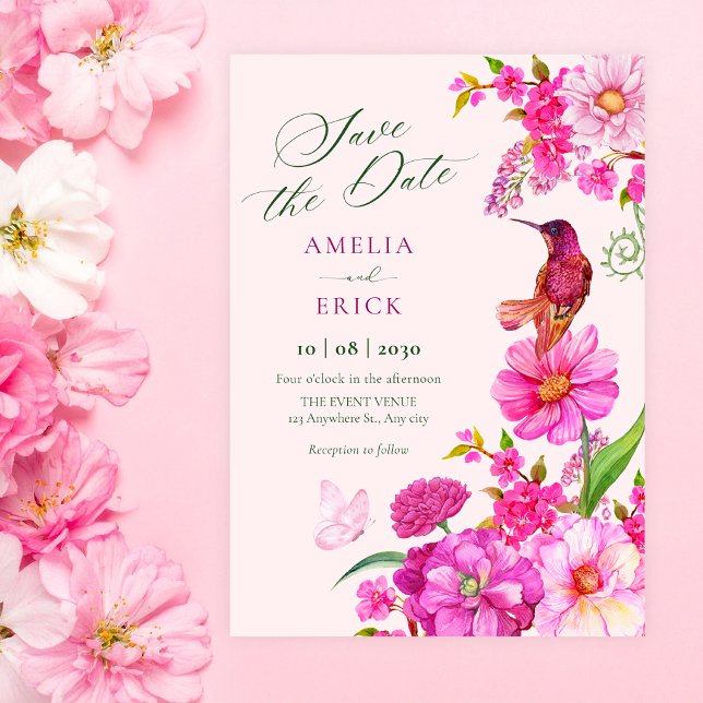 Reserva La Fecha arte de boda de colibrí de flor rosa (Subido por el creador)