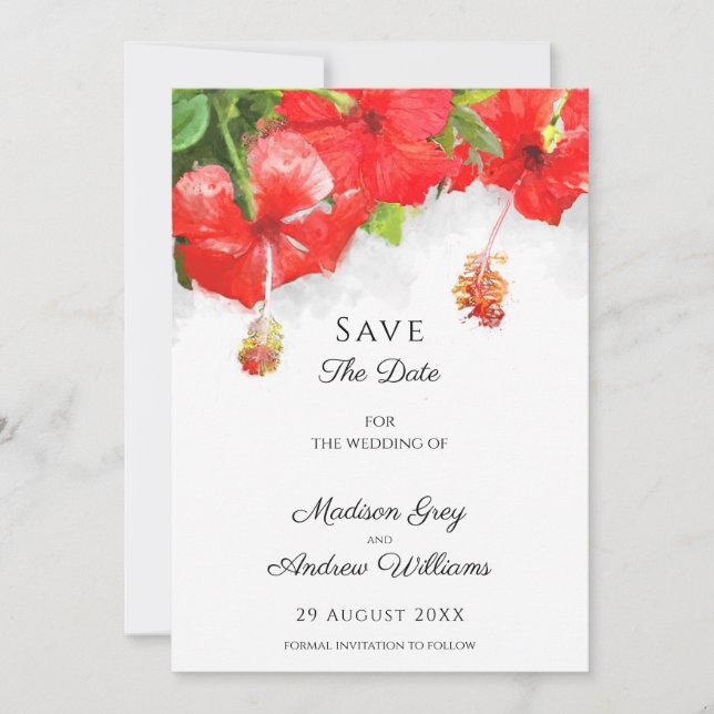 Reserva La Fecha Arte de boda exótico de flor de hibisco rojo (Anverso)