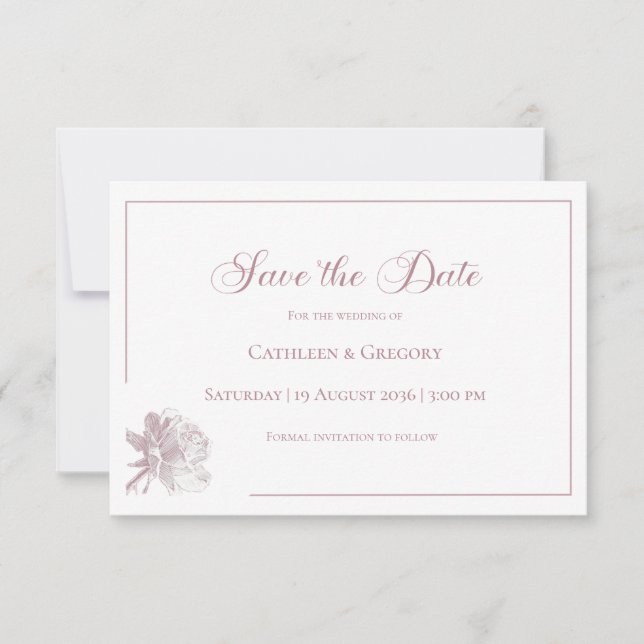 Reserva La Fecha Arte de Línea Floral Boda Polvo Rosa Blanco (Anverso)