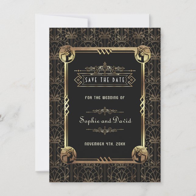 Reserva La Fecha Arte Deco Única Boda Gatsby Negro Oro (Anverso)
