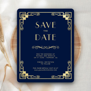 Reserva La Fecha Arte Deco Vintage Foto de Boda Azul Marino Dorado
