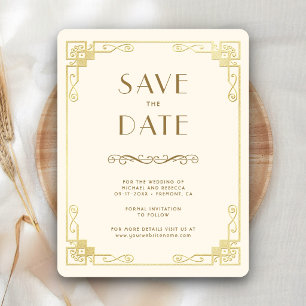 Reserva La Fecha Arte Deco Vintage Foto de Boda en Crema Dorado