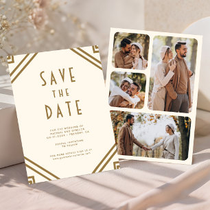 Reserva La Fecha Arte geométrico Art Déco Crema Oro Boda Fotografía