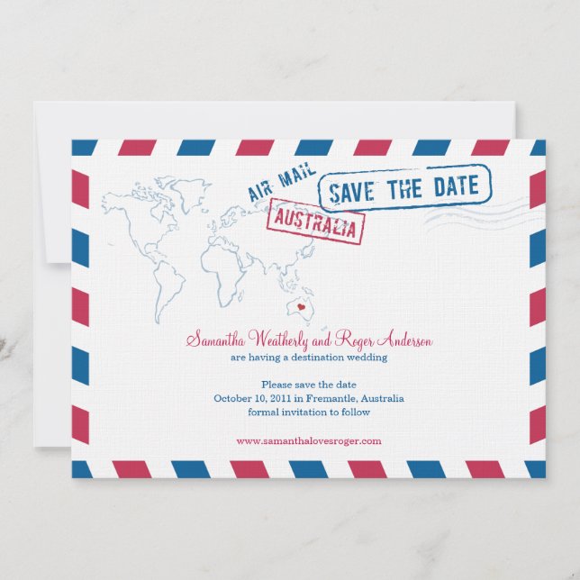 Reserva La Fecha Australia Air Mail Wedding Save The Date (Anverso)