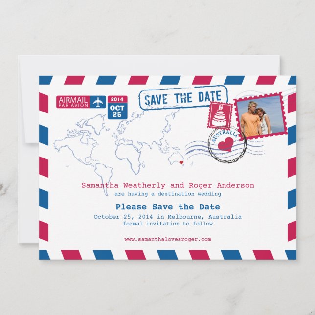Reserva La Fecha Australia Air Mail Wedding Save The Date (Anverso)