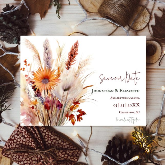 Reserva La Fecha Autumn Boho Floral | Blanco Guardar la fecha (Autumn Boho Floral White Save the Date)