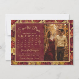 Reserva La Fecha Autumn Leaves Burgundy Calendar & Photo Wedding