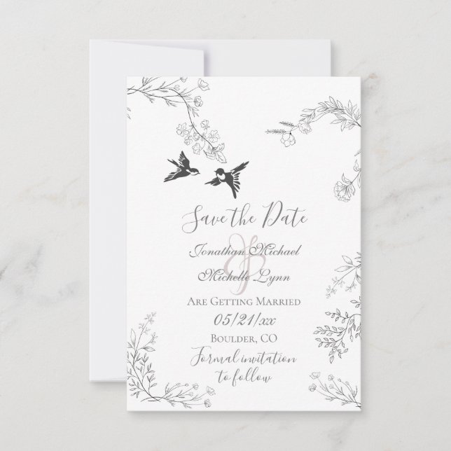 Reserva La Fecha Aves y ramas Bonito Floral Boda Jardín (Anverso)