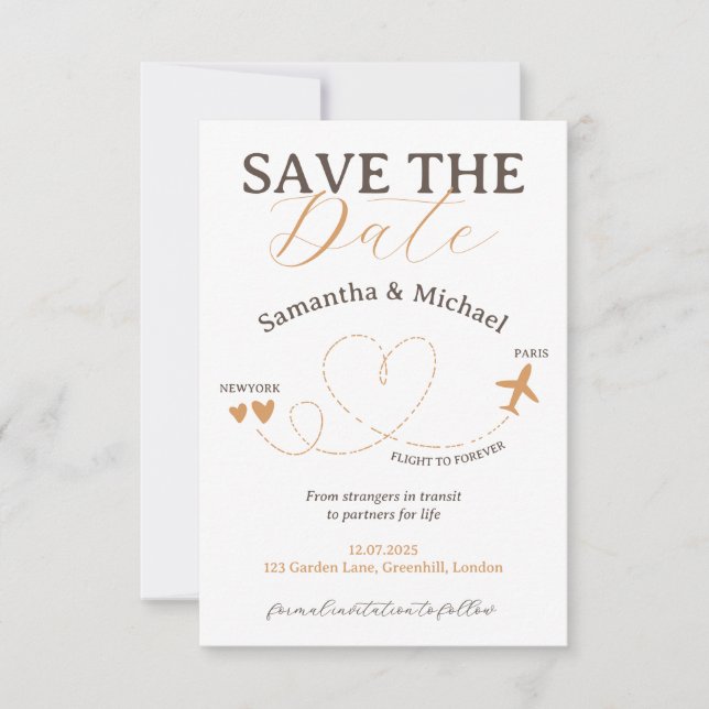 Reserva La Fecha Avión de vuelo de viaje de boda Save the Date (Anverso)