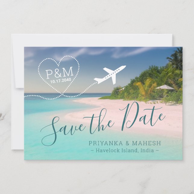 Reserva La Fecha Avión Island Beach Wedding Heart Save the Date (Anverso)