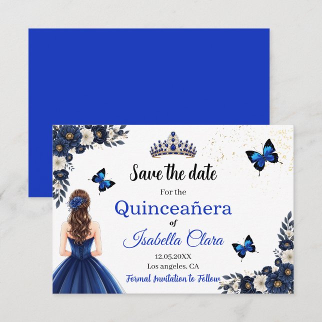 Reserva La Fecha Avisar de Royal Blue Butterfly Quinceañera (Anverso / Reverso)