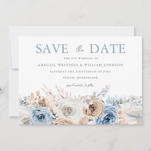 Reserva La Fecha Azul Boho: Boda floral azul turbio (Anverso)