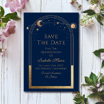 Reserva La Fecha Azul Celestial Salven La Fecha Cumpleaños Quincean<br><div class="desc">El Celestial Blue Save The Date Birthday Quinceanera Invitation presenta un marco dorado de sol,  luna y estrellas sobre un fondo azul. Dentro está su personalizado Quinceanera guardar la información de fecha. Personalice editando el texto en los cuadros de texto. Diseñado para usted por ©2024 Evco Studio www.zazzle.com/store/evcostudio</div>