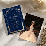 Reserva La Fecha Azul Celestial Salven La Fecha Cumpleaños Quincean<br><div class="desc">El Celestial Blue Save The Date Birthday Quinceanera Invitation presenta un marco dorado de sol, luna y estrellas sobre un fondo azul. Adentro está su personalizado Quinceanera guardar la información de fecha y al revés agregar su foto favorita. Personalice editando el texto en los cuadros de texto. Diseñado para usted...</div>