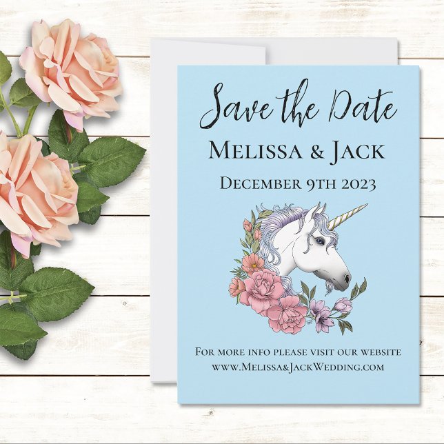 Reserva La Fecha Azul de flores rosas de unicornio blanco (Subido por el creador)