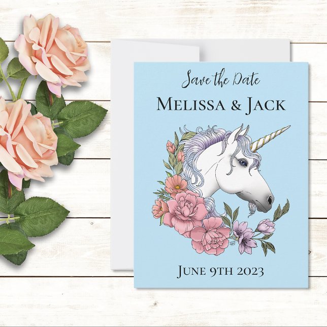 Reserva La Fecha Azul de flores rosas de unicornio blanco (Subido por el creador)