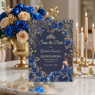 Reserva La Fecha Azul Marino Azul Dorado Tiara Rosas Quinceañera