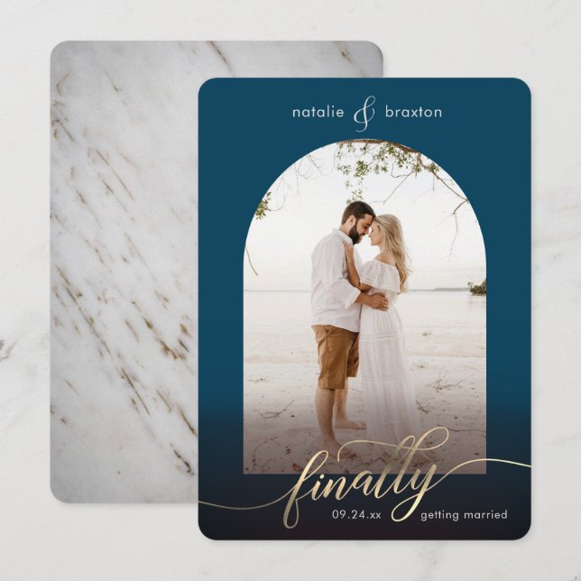 Reserva La Fecha Azul marino finalmente se casa y foto de ventana (Anverso / Reverso)