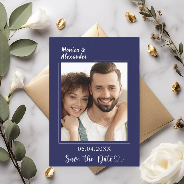Reserva La Fecha Azul marino moderno Save the Date de boda con foto (Subido por el creador)
