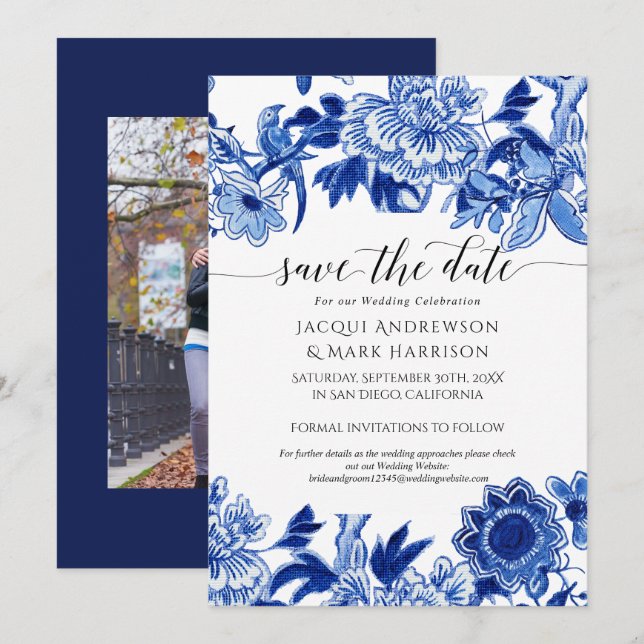 Reserva La Fecha Azul Marino y Blanco Influencia Asiática Chinoiser (Anverso / Reverso)