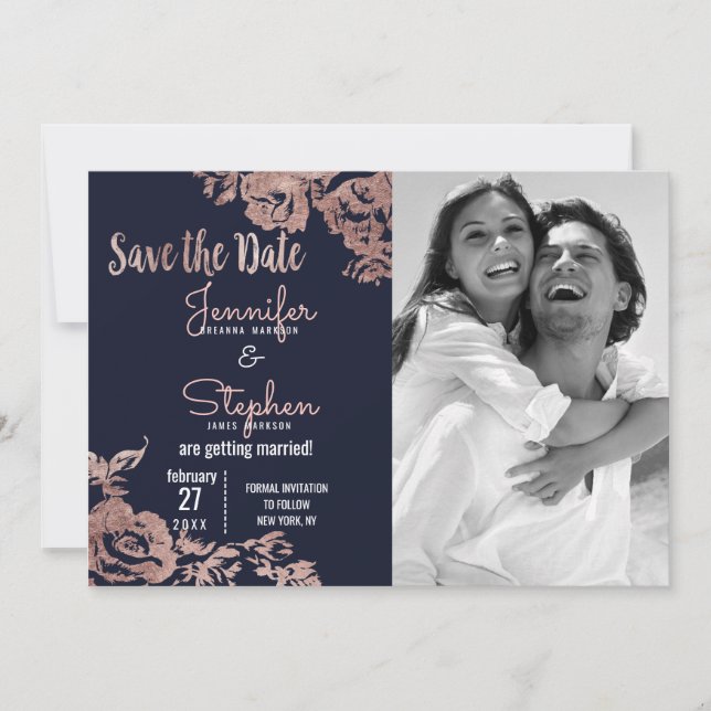 Reserva La Fecha Azul Marino y Rosa Dorado Floral Save the Date (Anverso)