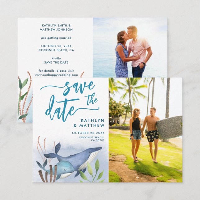 Reserva La Fecha Azul Náutico Bajo El Mar Boda De Ballenas Azules (Anverso / Reverso)