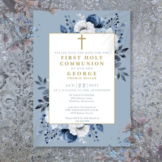 Reserva La Fecha Azul Polvoriento Boho Floral Primera Comunión (Dusty Blue Boho Floral First Holy Communion Save The Date)